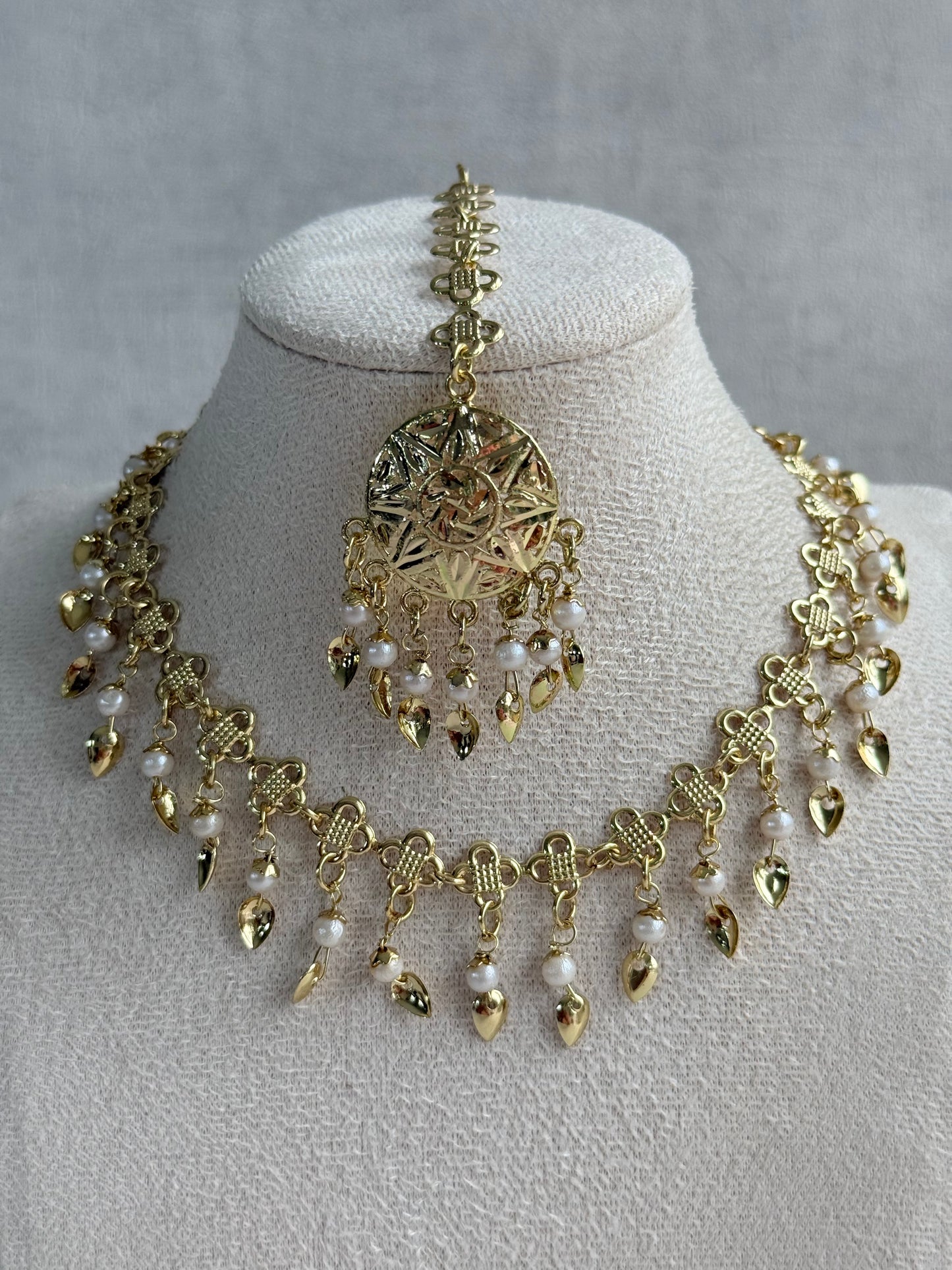 Ayura Designs Rupal Necklace Set with Earrings & Tikka – Gold Finish with Pearls & Pippal Patti Detailing