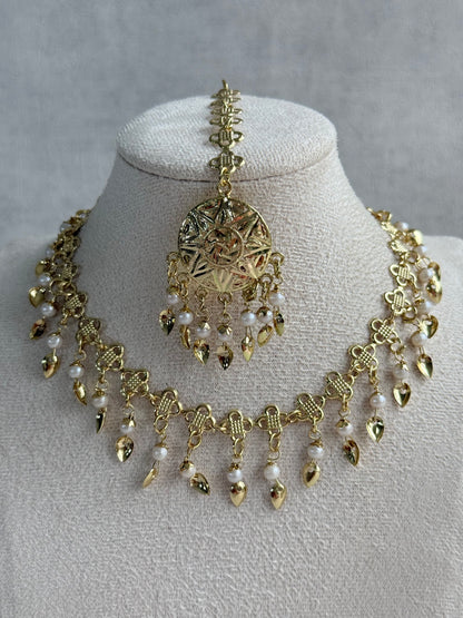 Ayura Designs Rupal Necklace Set with Earrings & Tikka – Gold Finish with Pearls & Pippal Patti Detailing
