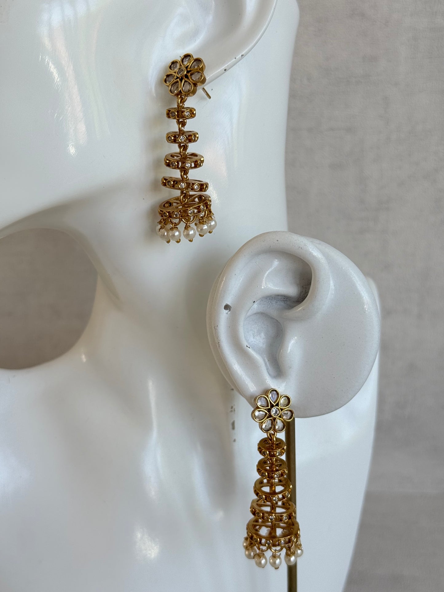 Ayura Designs Adira Jhumkis – Gold Floral Jhumkis with Layered Crystal Rings & Pearl Drops