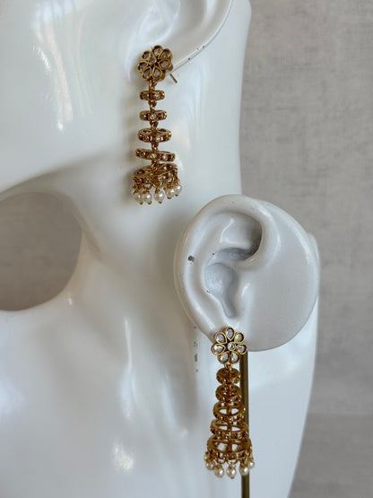 Ayura Designs Adira Jhumkis – Gold Floral Jhumkis with Layered Crystal Rings & Pearl Drops