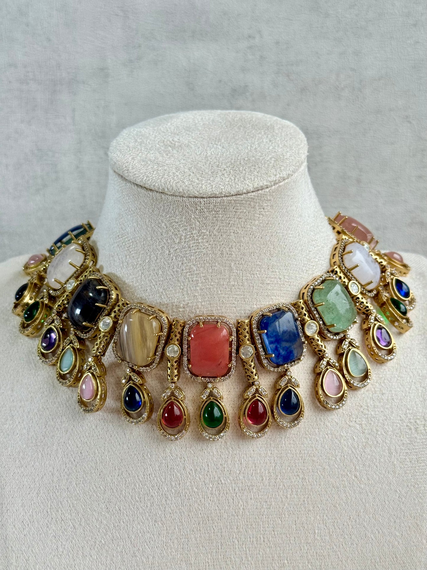 Ayura Designs Adelaide Necklace Set with Earrings – Multicolour Moissanite with Peach Stone Drop Earrings