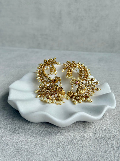 Ayura Designs Megha Half Ear Cuff Earrings – Gold Peacock Motif with Kundan Crystals, Pink Stone Accents & Pearl Jhumka Drops