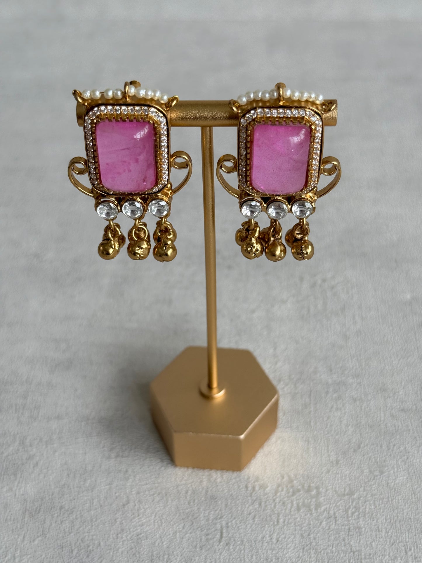 Ayura Designs Aleena Earrings – Rose Pink Stone Stud Earrings with Pearls & Ghungroo Detailing