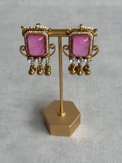 Ayura Designs Aleena Earrings – Rose Pink Stone Stud Earrings with Pearls & Ghungroo Detailing