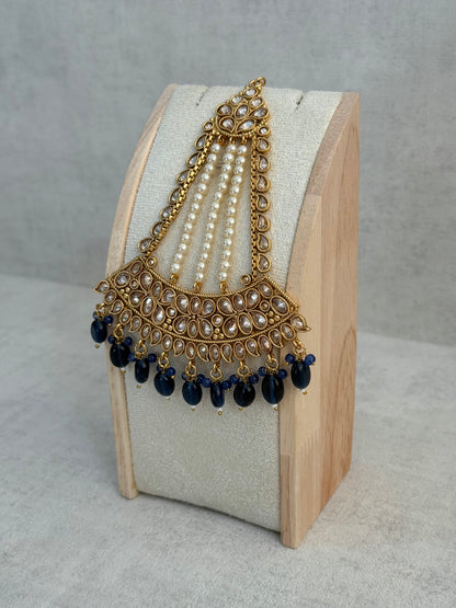 Ayura Designs Ramzi Jhoomar Passa – Antique Gold with Kundan Detailing, Pearl Strands & Ink Blue Drops