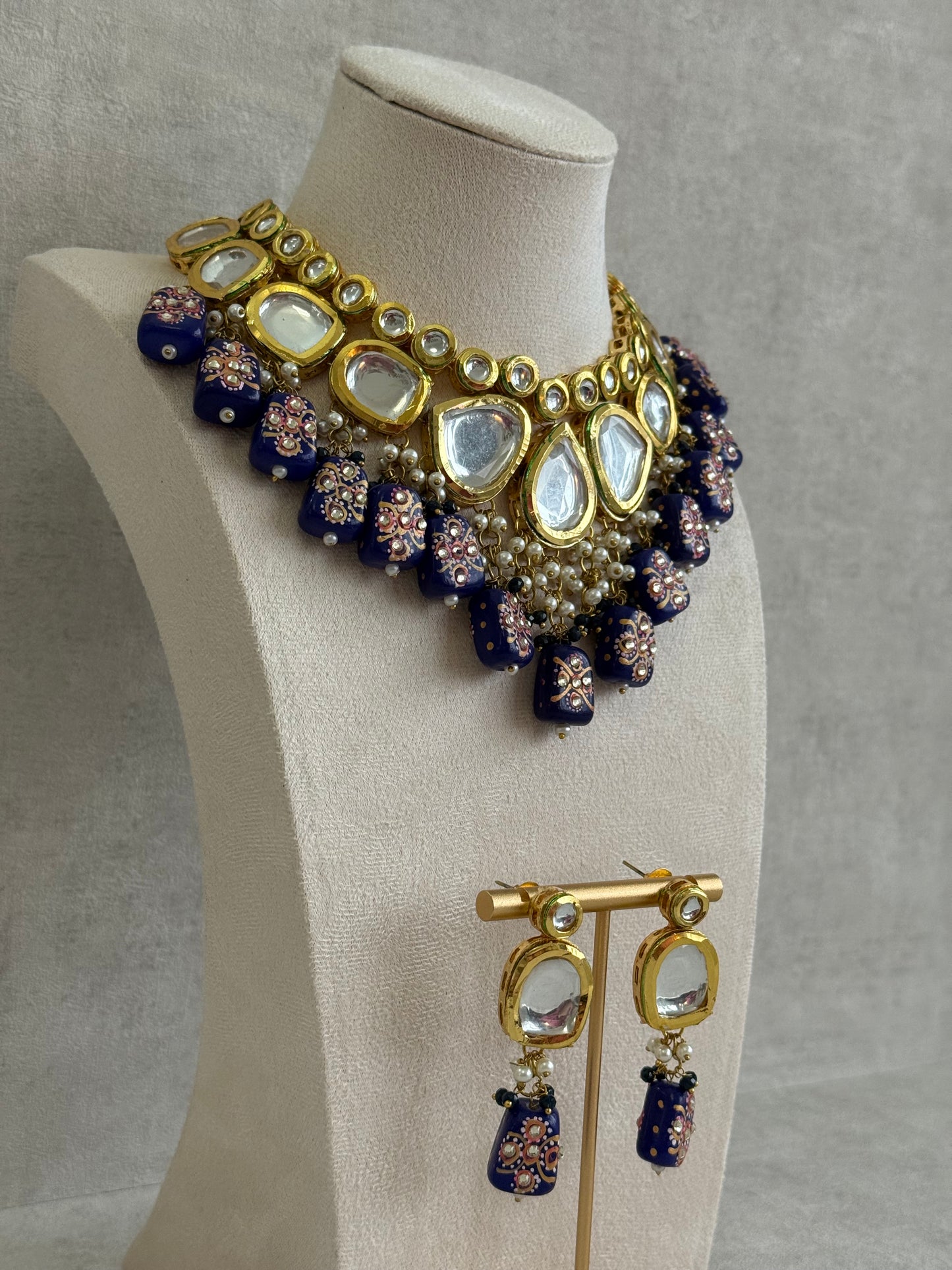 Ayura Designs Omika Set With Necklace And Earrings – Kundan Stones And Navy Blue Meenakari Drops