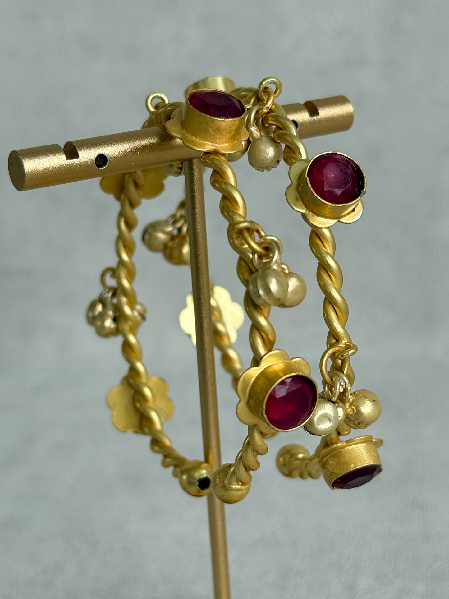 Ayura Designs Mishka Adjustable Kashmiri Chudiya Set of 2 – Ruby Red Stones, Floral Settings & Ghungroo Charms