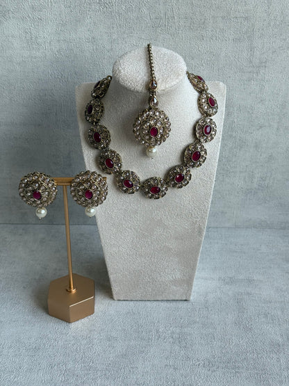 Ayura Designs Sania Set with Necklace, Earrings & Tikka – Ruby Red Stones, Kundan Detailing & Antique Gold Finish