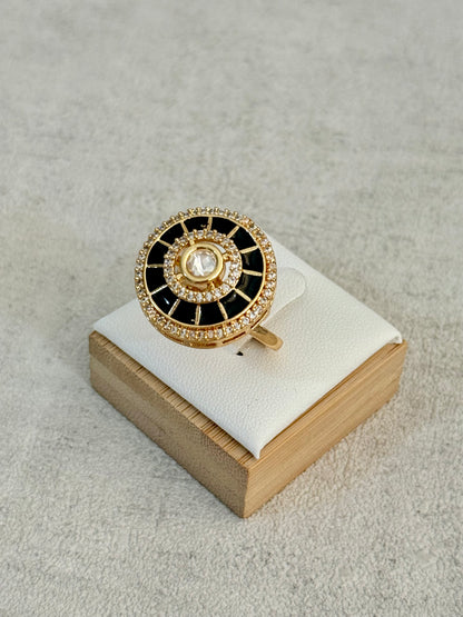 Ayura Designs Maisie Adjustable Ring – Black Enamel with Crystal Border & Moissanite Centre