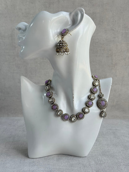 Ayura Designs Eira Necklace Set with Earrings & Tikka – Lilac & Crystal Stones with Antique Gold Finish