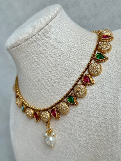 Ayura Designs Mayura Necklace Set with Earrings – Antique Gold Meenakari Motifs with Pearl Drop & Rani Pink and Emerald Green Stones