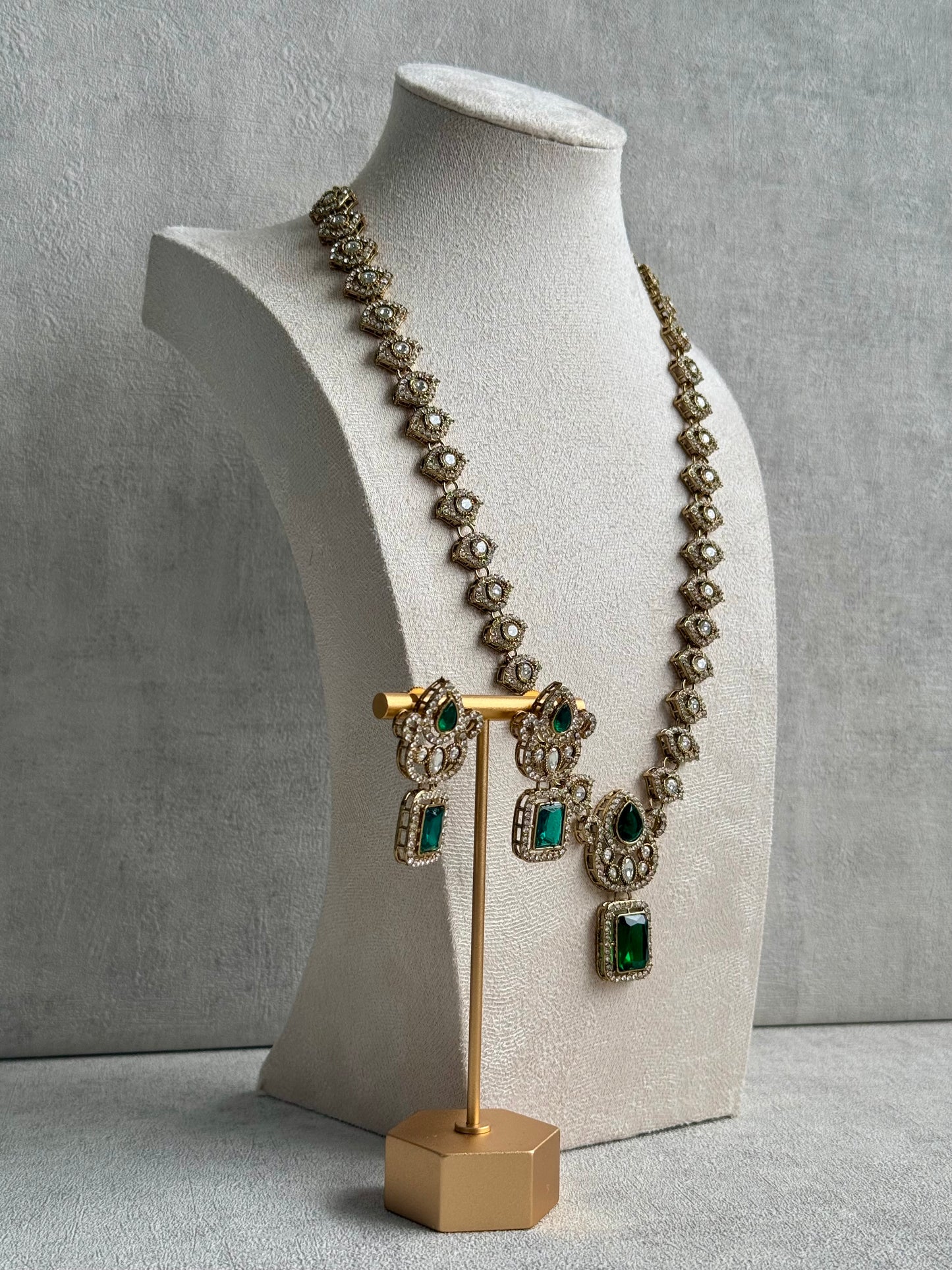 Ayura Designs Aria Set with Earrings – Antique Gold-Finished Ensemble with Emerald Green Stones & Polki Kundan