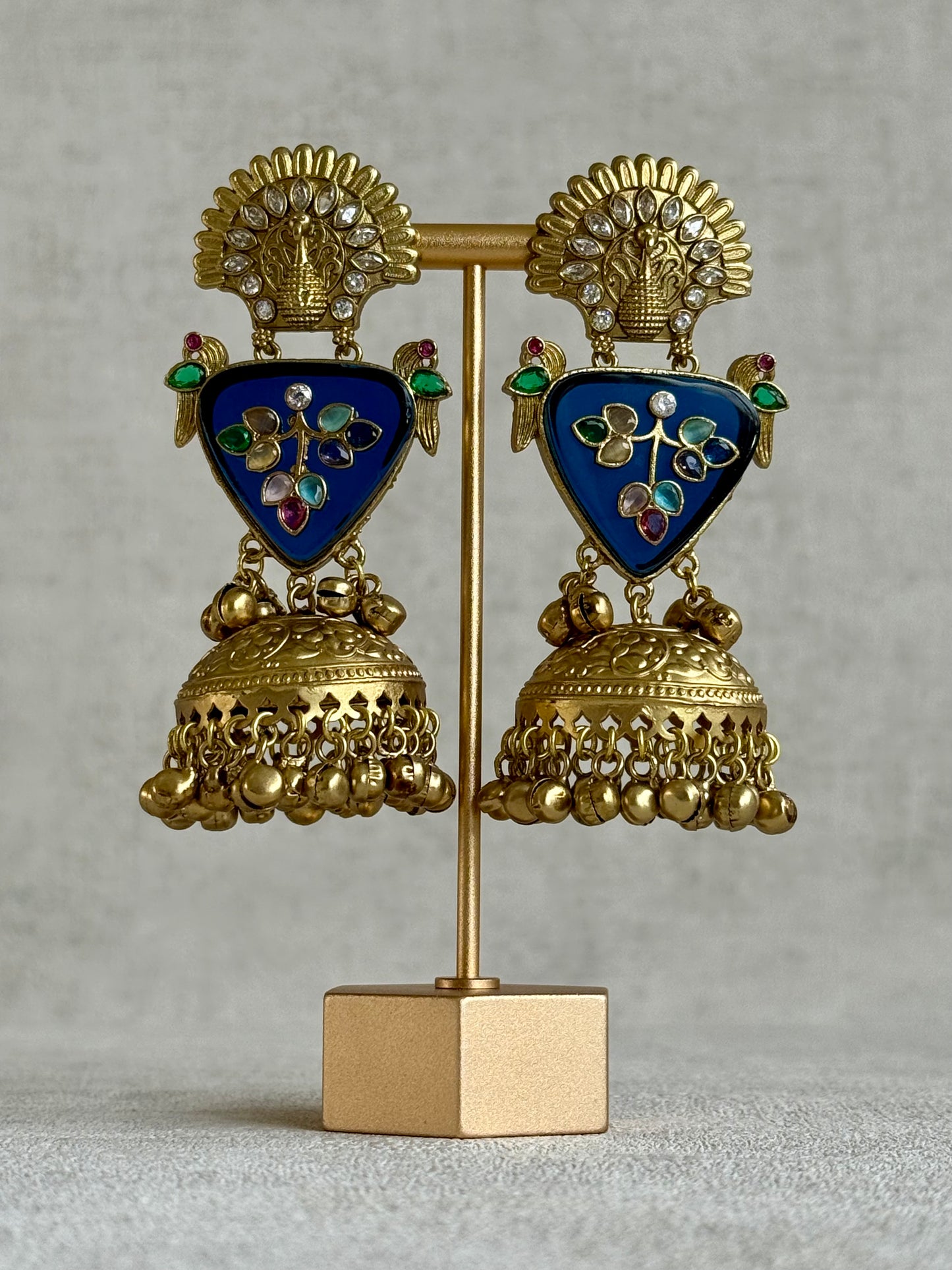 Ayura Designs Makali Earrings – Midnight Blue Enamel with Multicolour Stones & Antique Gold Jhumkis