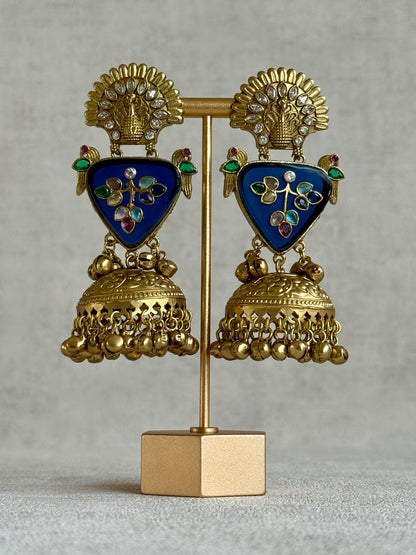 Ayura Designs Makali Earrings – Midnight Blue Enamel with Multicolour Stones & Antique Gold Jhumkis