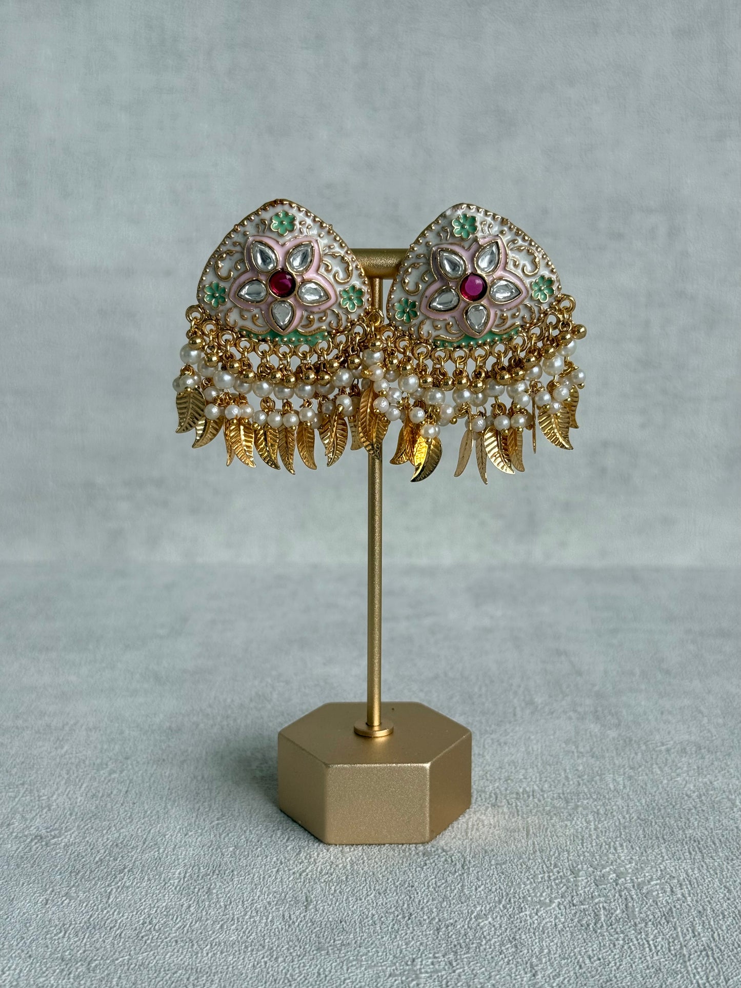 Ayura Designs Rozina Earrings – Floral Meenakari Earrings with Ruby Pink Centre Stone, Pearl Clusters & Gold Leaf Charms