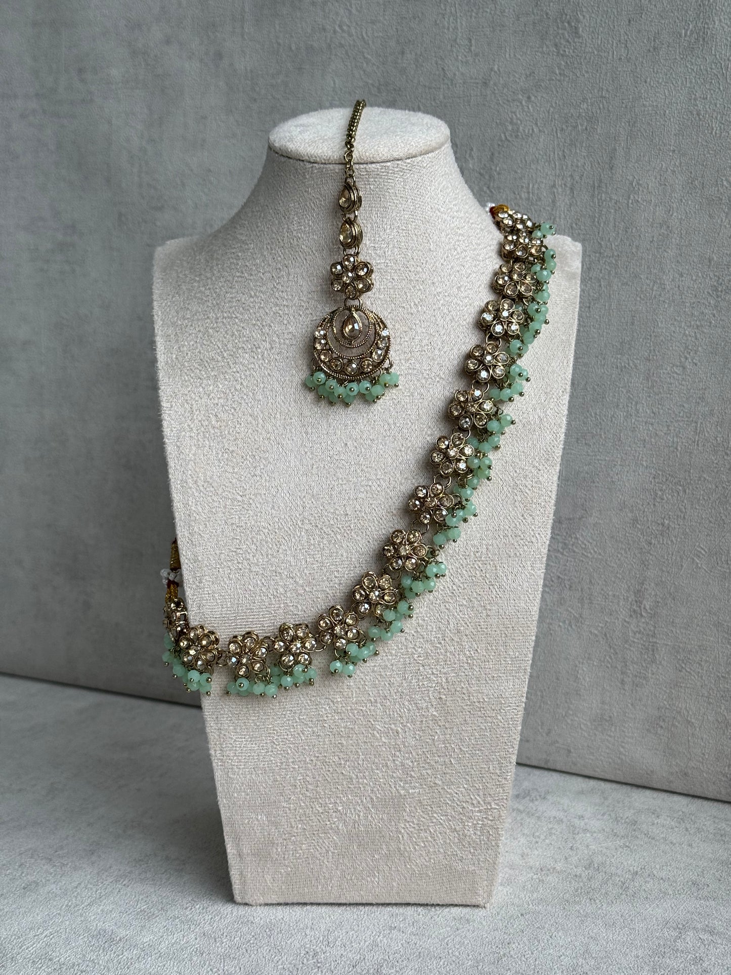 Ayura Designs Asima Set with Jhumkis & Tikka - Champagne Stones & Teal Beads