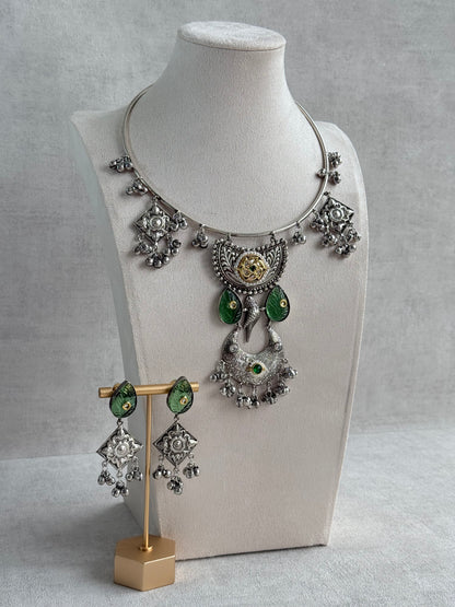 Ayura Designs Jiyana Collar Necklace Set – Leaf Green Carved Teardrop Stones & Oxidised Silver Finish