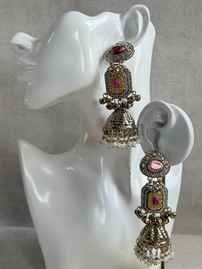 Ayura Designs Maara Jhumkis – Champagne Gold with Rose Pink & Rani Pink Stones, Crystals, Ghungroos & Pearl Detailing
