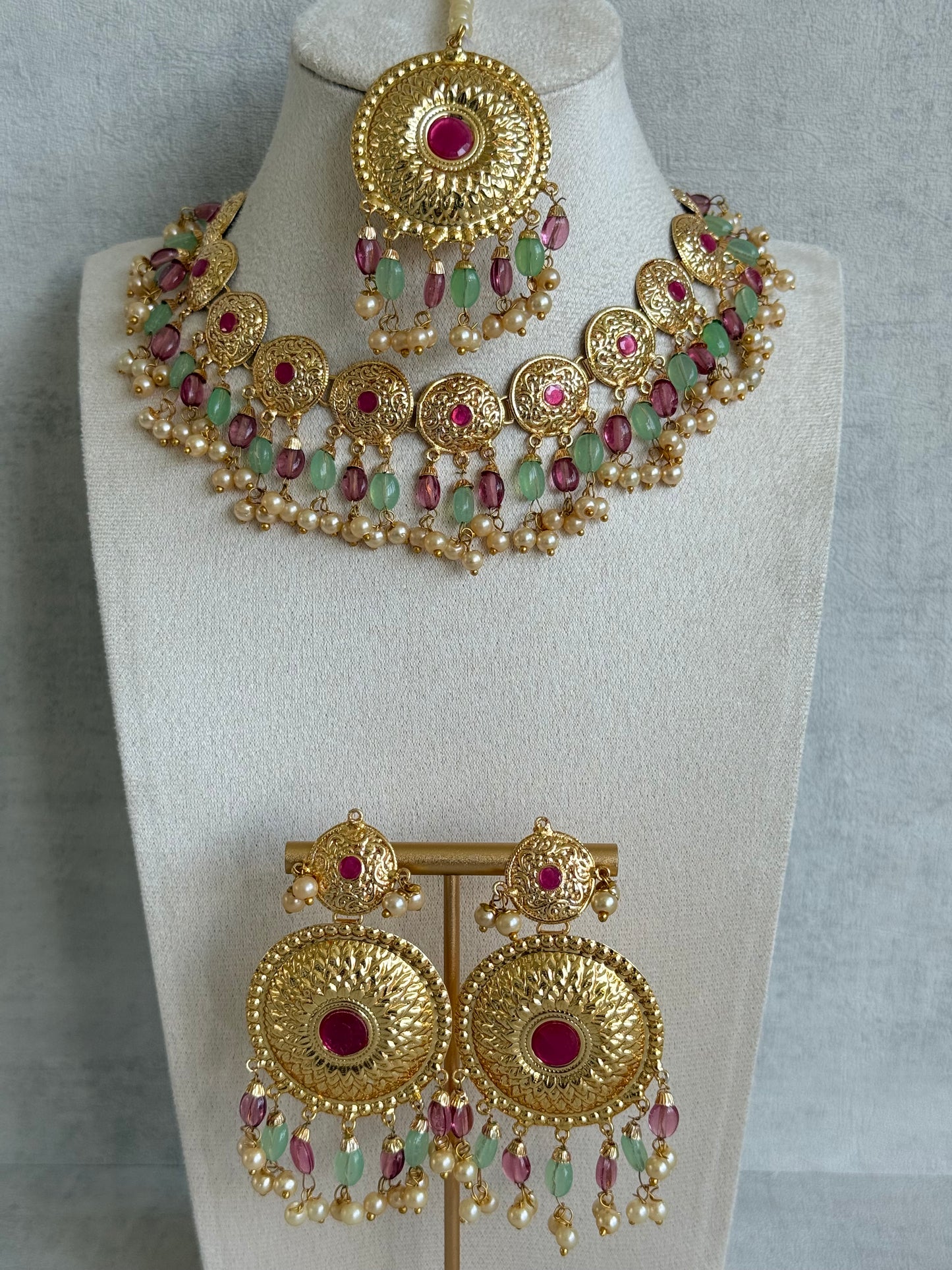 Ayura Designs Jyoti Set with Earrings & Tikka – Gold Disc Necklace with Ruby Pink, Mint Green & Pearl Detailing