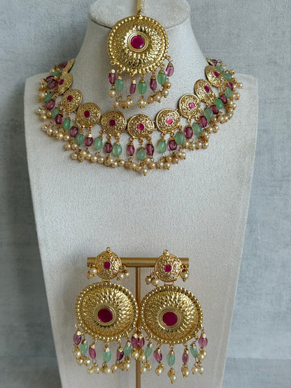 Ayura Designs Jyoti Set with Earrings & Tikka – Gold Disc Necklace with Ruby Pink, Mint Green & Pearl Detailing