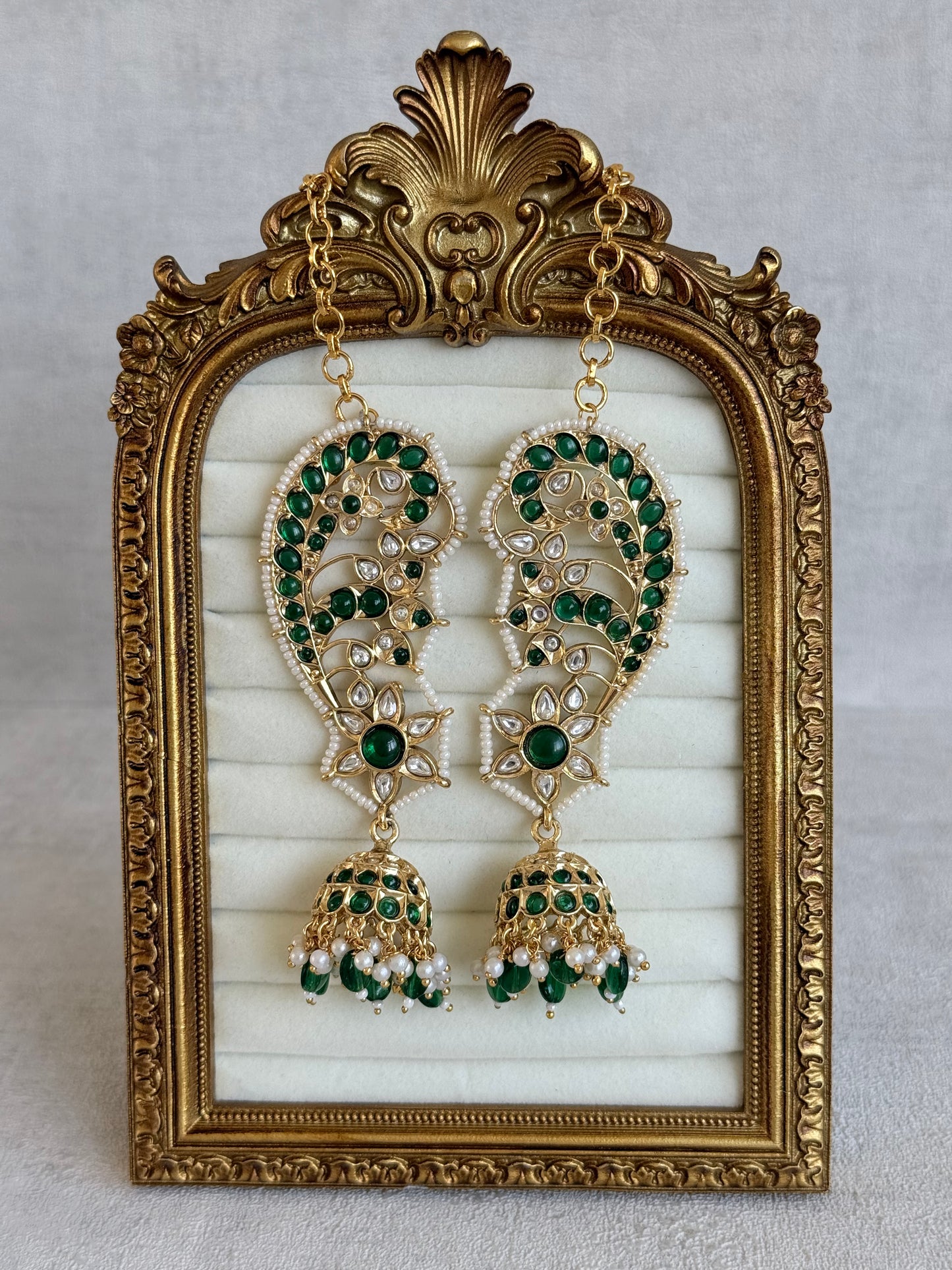 Ayura Designs Urisha Ear Climber Jhumkis – Emerald Green, Kundan & Pearl Detailing