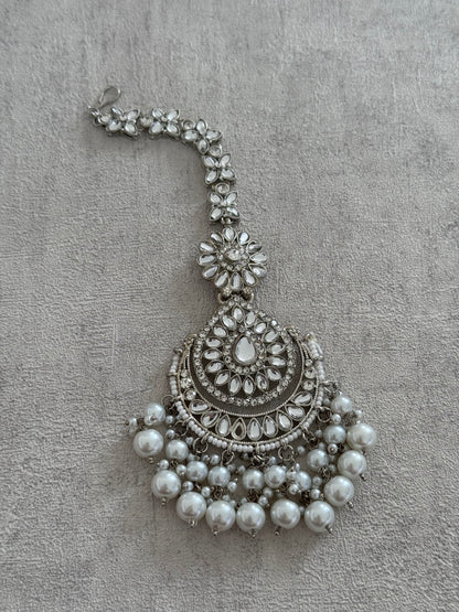 Ayura Designs Seher Tikka & Earrings Set – Radiant Silver with Luminous White Pearls