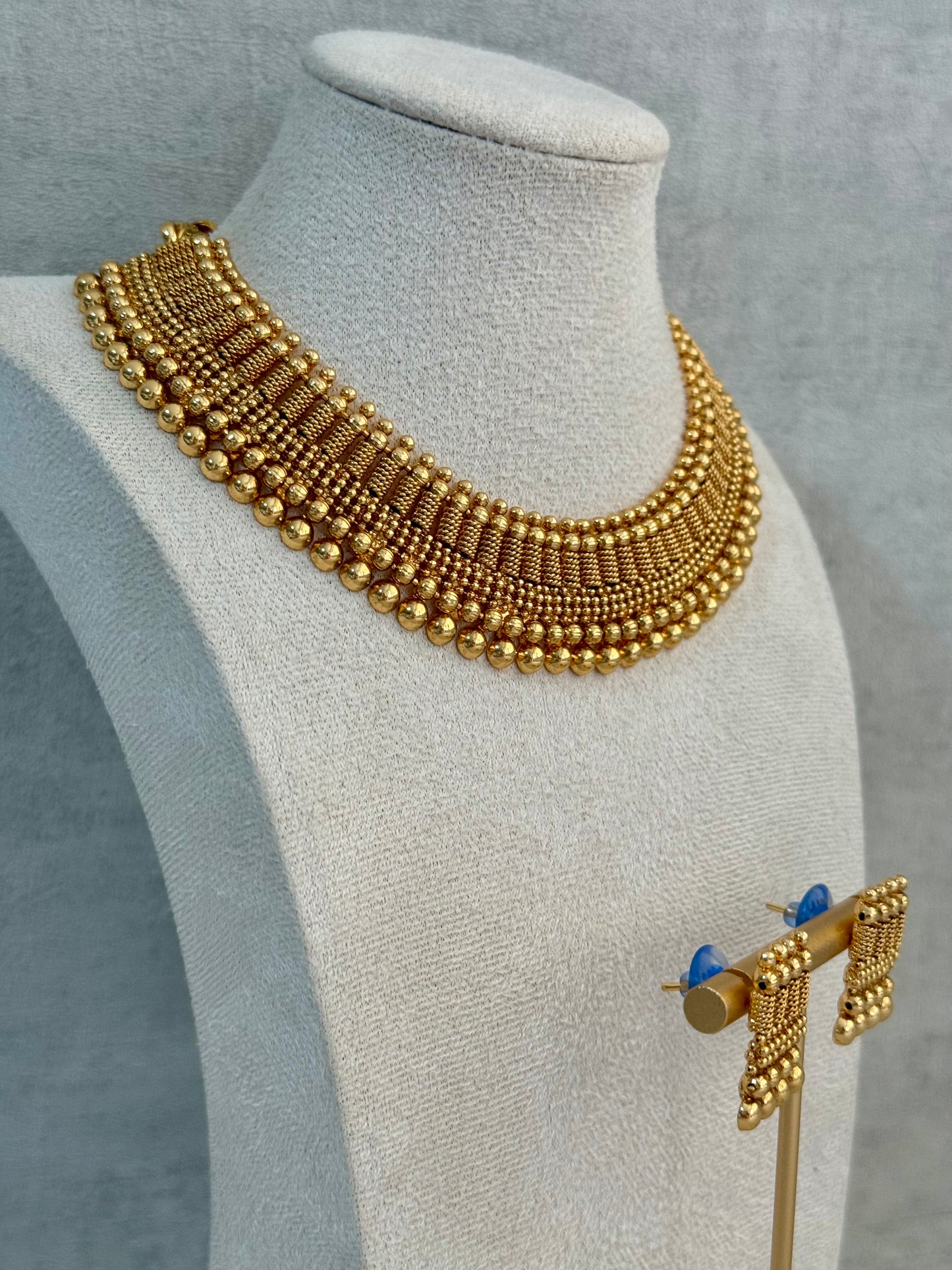 Ayura Designs Lavanya Set with Necklace & Earrings – Matte Antique Gold Beaded Design