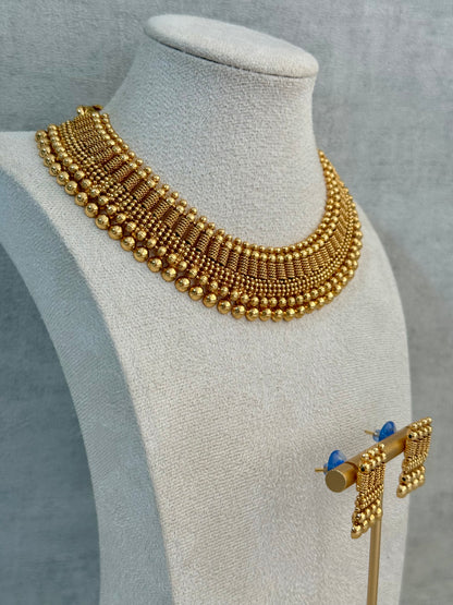 Ayura Designs Lavanya Set with Necklace & Earrings – Matte Antique Gold Beaded Design