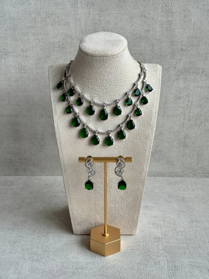 Ayura Designs Nida Set with Necklace & Earrings – Emerald Green Stones, Diamond-Cut Accents & Silver Finish