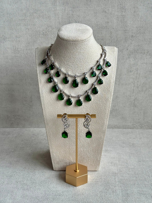 Ayura Designs Nida Set with Necklace & Earrings – Emerald Green Stones, Diamond-Cut Accents & Silver Finish