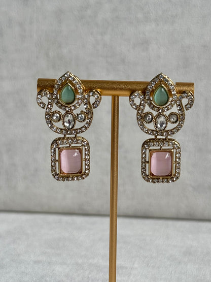 Ayura Designs Aria Set with Earrings – Antique Gold-Finished Ensemble with Soft Green & Blush Pink Stones and Polki Kundan