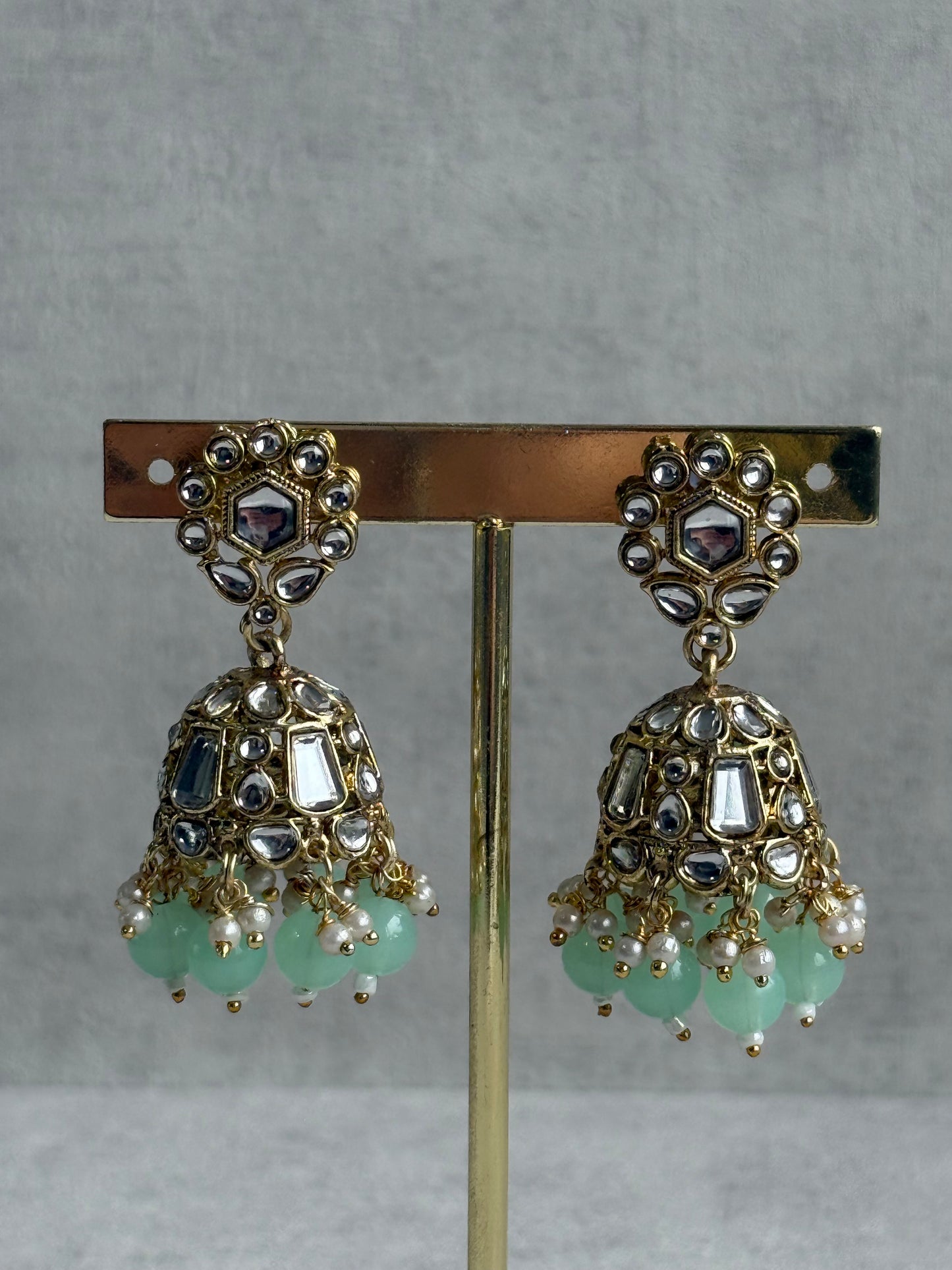 Ayura Designs Shaheen Set with Jhumkis & Tikka – Pistachio Green Beads, Mirror Kundan & Gold Finish