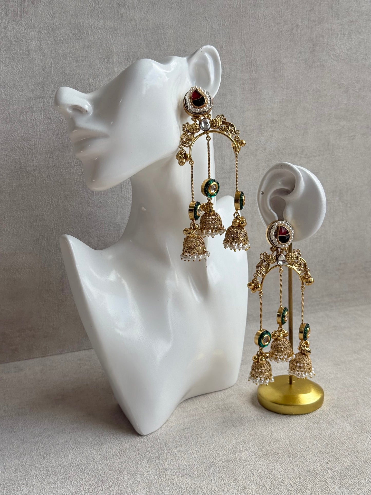 Ayura Designs Arzina Earrings – Triple Jhumki Earrings with Emerald Green Stones, Pearl Borders & Gold Detailing
