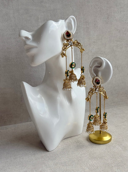 Ayura Designs Arzina Earrings – Triple Jhumki Earrings with Emerald Green Stones, Pearl Borders & Gold Detailing