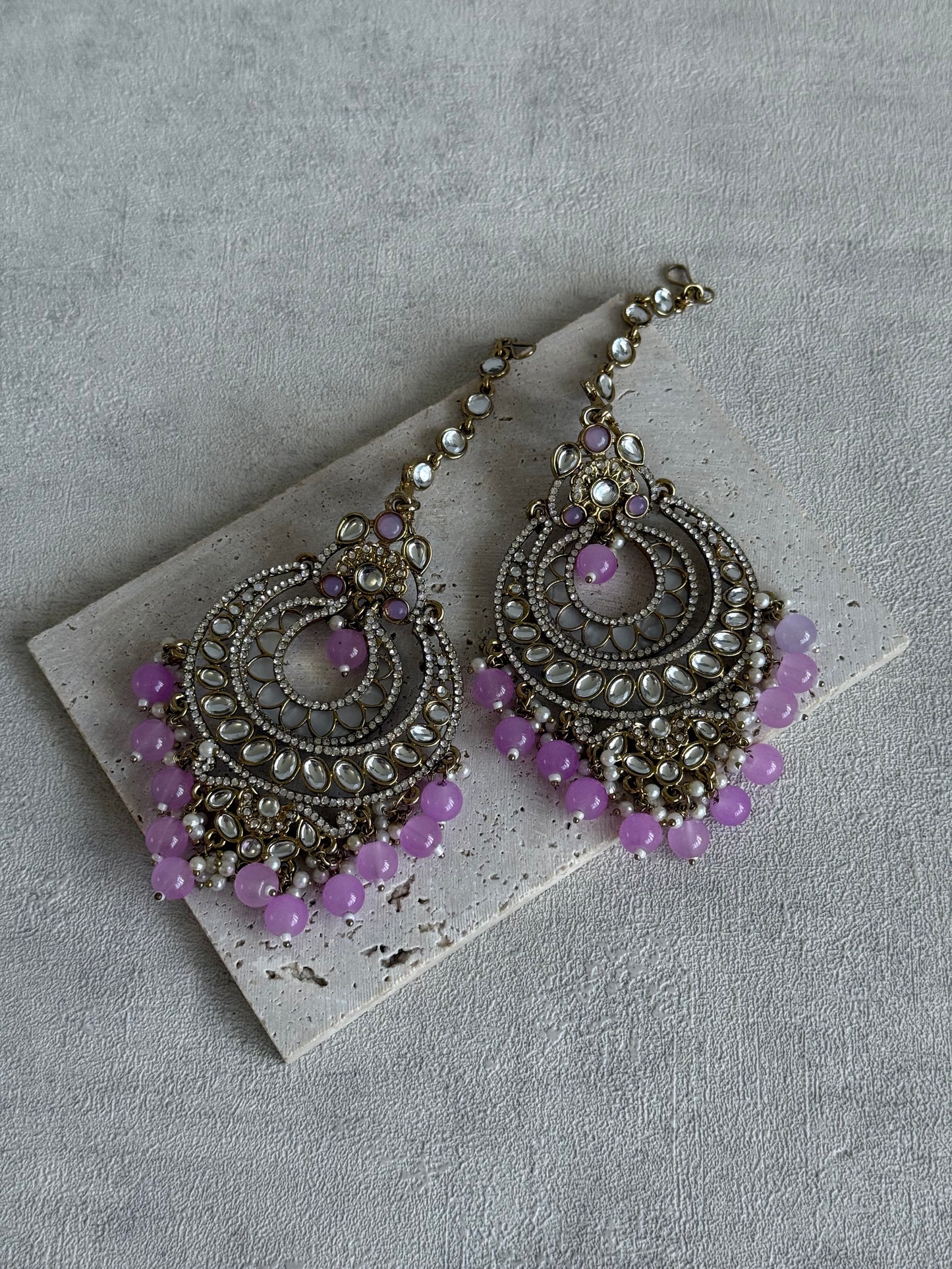 Ayura Designs Rabia Chandbalis – Antique Gold Kundan Earrings with Lilac Beads, Pearls & Attached Sahare