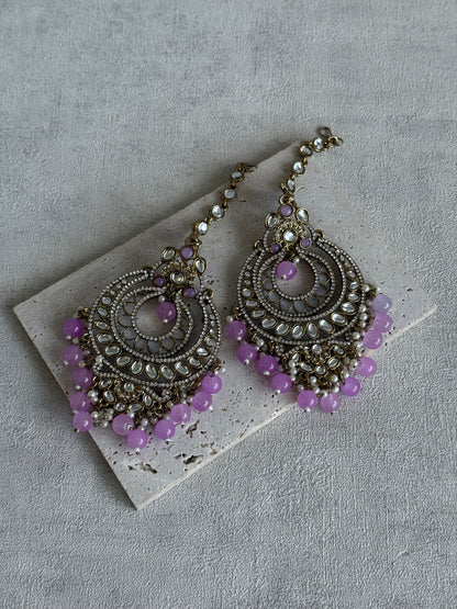 Ayura Designs Rabia Chandbalis – Antique Gold Kundan Earrings with Lilac Beads, Pearls & Attached Sahare