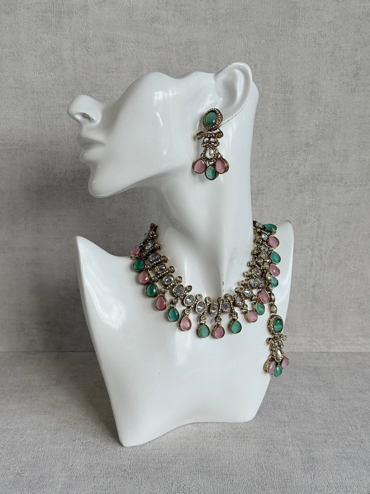 Ayura Designs Ava Necklace Set with Earrings & Tikka – Mint Green & Blush Pink Stone Necklace Set in Antique Gold Finish