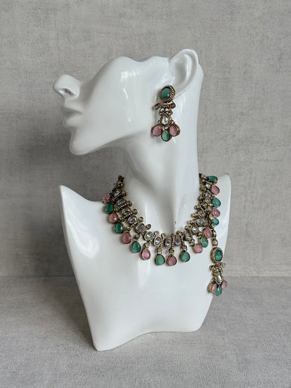 Ayura Designs Ava Necklace Set with Earrings & Tikka – Mint Green & Blush Pink Stone Necklace Set in Antique Gold Finish