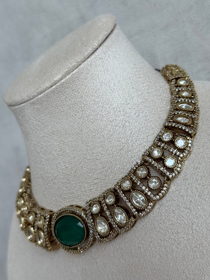 Ayura Designs Sadie Necklace Set with Earrings – Emerald Green Centre Stone, Moissanite Style Stones & Crystal Halo Detailing