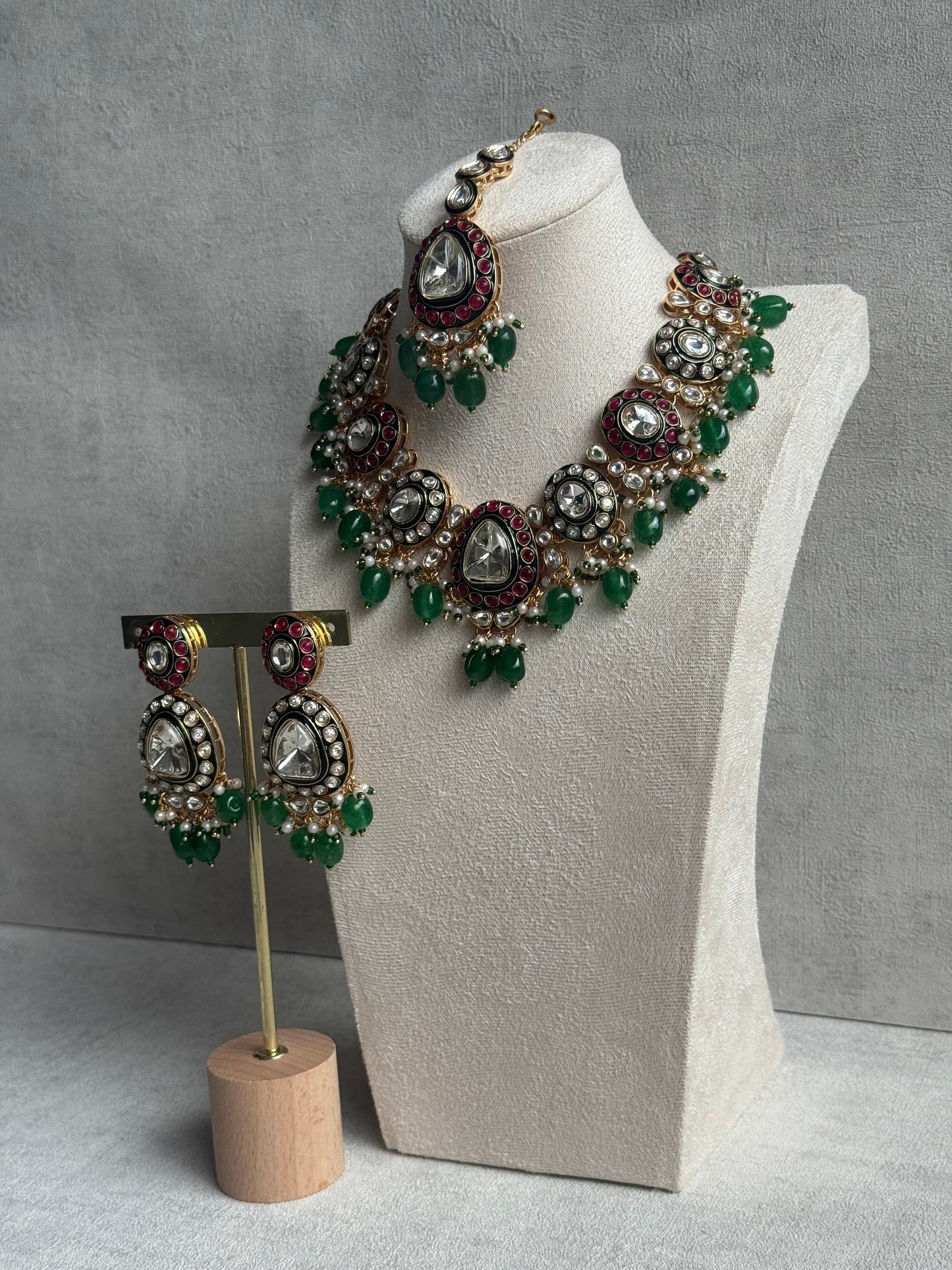 Ayura Designs Amaya Set with Necklace, Earrings & Tikka – Mirror-Cut Polki, Ruby Meenakari & Emerald Green Beads