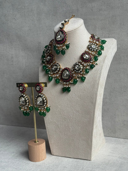 Ayura Designs Amaya Set with Necklace, Earrings & Tikka – Mirror-Cut Polki, Ruby Meenakari & Emerald Green Beads