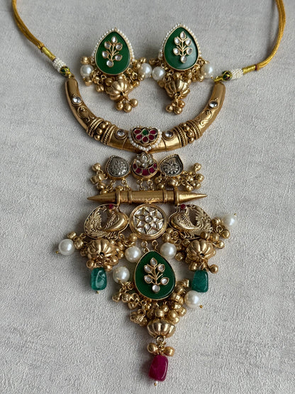 Ayura Designs Zaqsh Collar Necklace Set with Earrings – Antique Gold Peacock Pendant with Emerald Green Stones & Pearl Detailing
