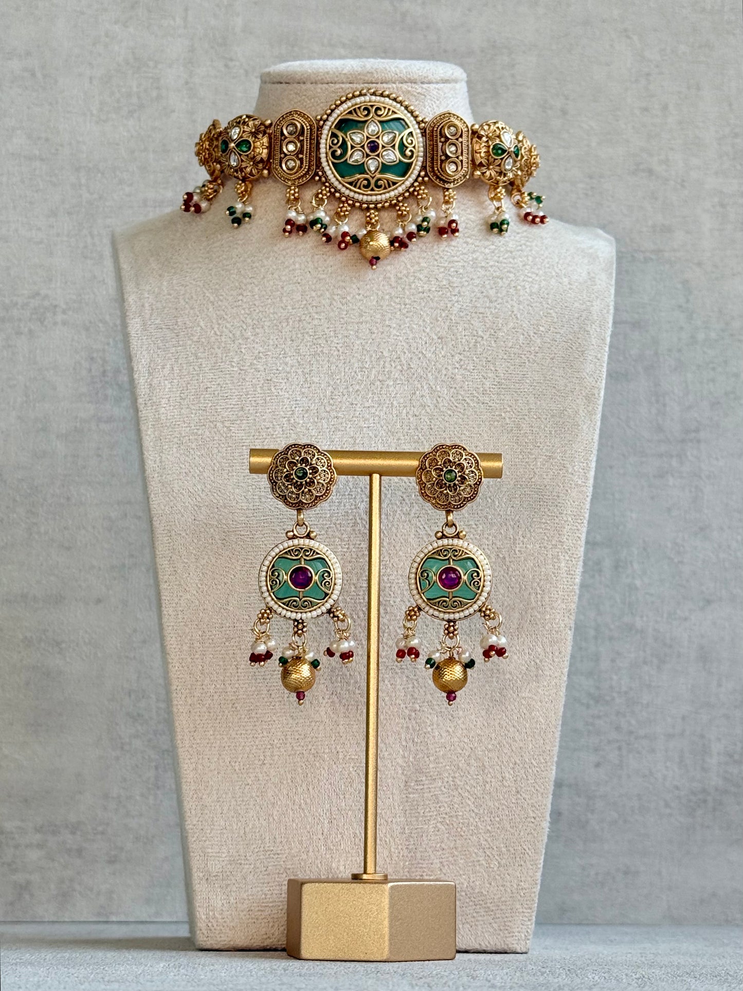 Ayura Designs Haya Choker Set with Stud Earrings – Emerald Enamel with Rani Pink Stones and Pearl Drop Detailing