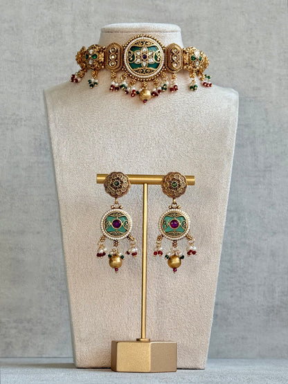 Ayura Designs Haya Choker Set with Stud Earrings – Emerald Enamel with Rani Pink Stones and Pearl Drop Detailing