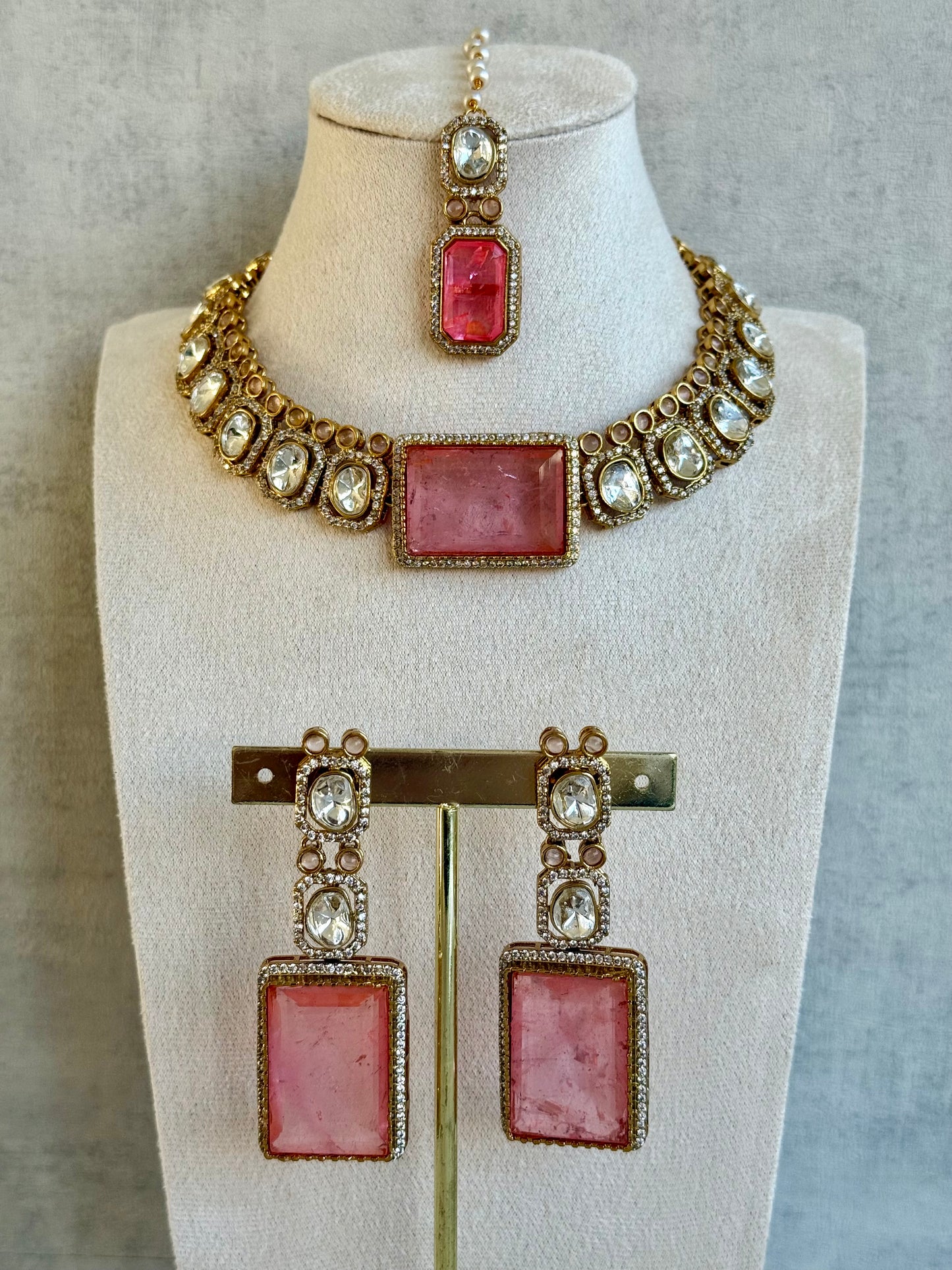 Ayura Designs Clara Set with Earrings and Tikka – Rose Quartz Pink Stones with Moissanite and Antique Gold Finish
