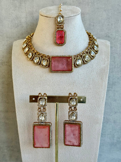 Ayura Designs Clara Set with Earrings and Tikka – Rose Quartz Pink Stones with Moissanite and Antique Gold Finish