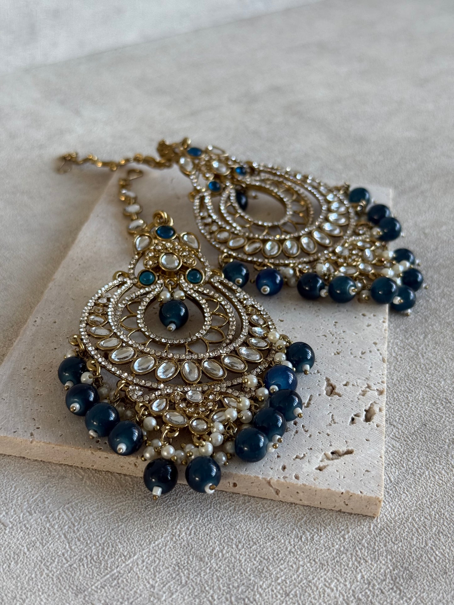 Ayura Designs Rabia Chandbalis – Antique Gold Kundan Earrings with Midnight Blue Beads, Pearls & Attached Sahare