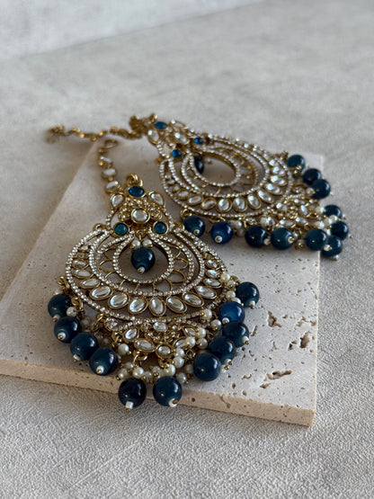 Ayura Designs Rabia Chandbalis – Antique Gold Kundan Earrings with Midnight Blue Beads, Pearls & Attached Sahare