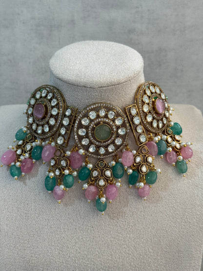 Ayura Designs Harper Set – Antique Gold Choker & Earrings with Mint Green & Blush Pink Beads, Kundan Stones & Pearl Detailing