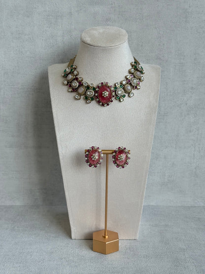 Ayura Designs Nova Necklace Set with Stud Earrings – Rose Pink Centre Stone, Kundan Detailing & Multicolour Gemstone Accents
